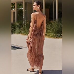 Anthropologie Mailka Relaxed Sundress Chocolate Metallic Malt Resort Wear Maxi M